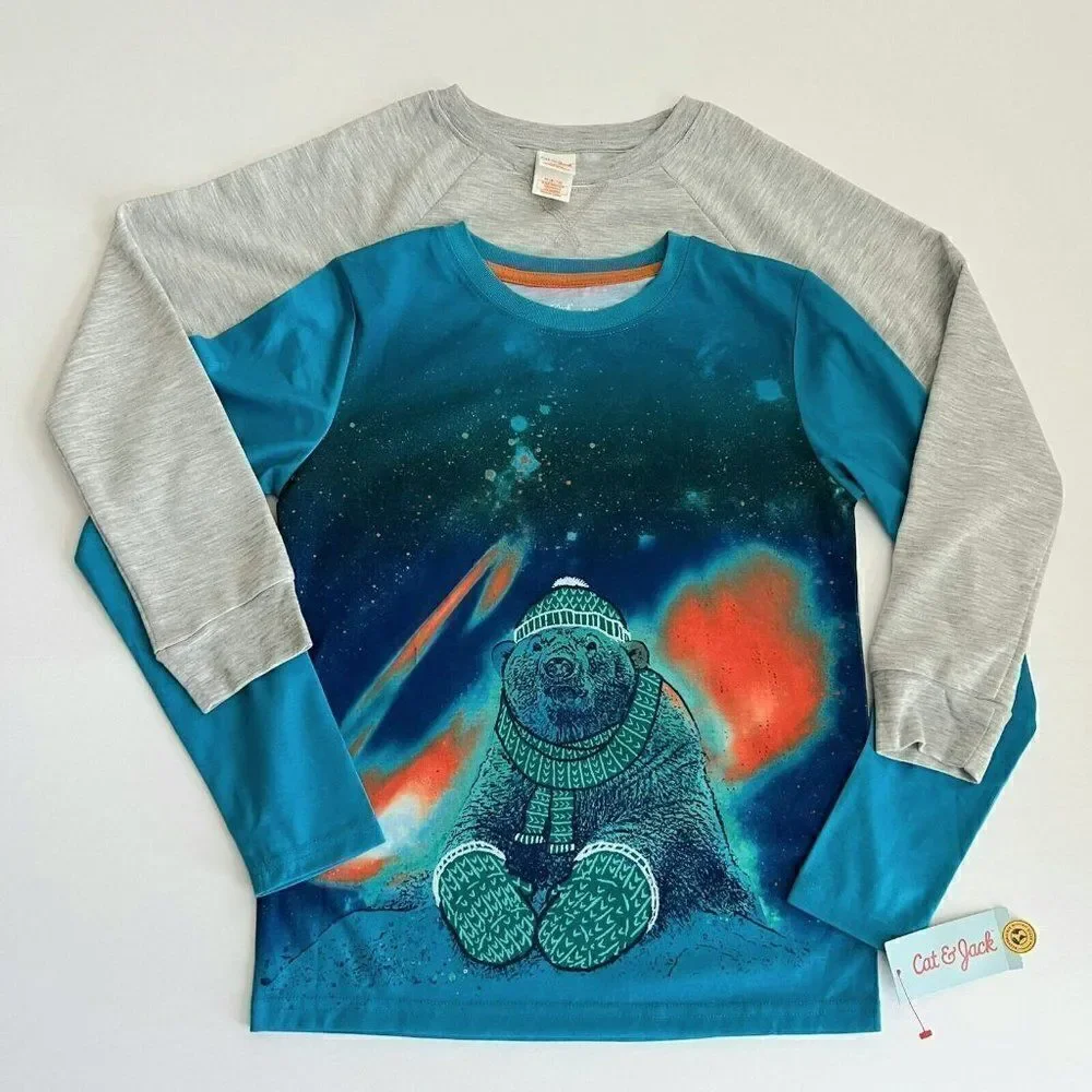 2 Boys M (8/10) Pajama Tops ONLY Mix Match Blue & Gray Cat & Jack